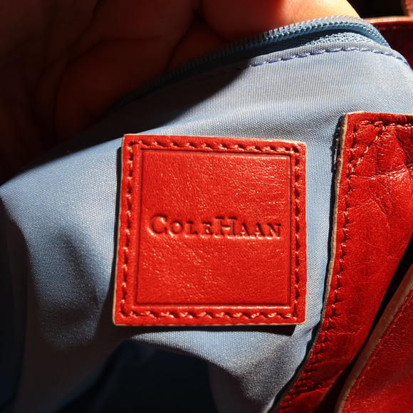 COLE HAAN Deep Red Leather Tote Bag XL Blue Lining Carry All Statement Feminine - Picture 12 of 14